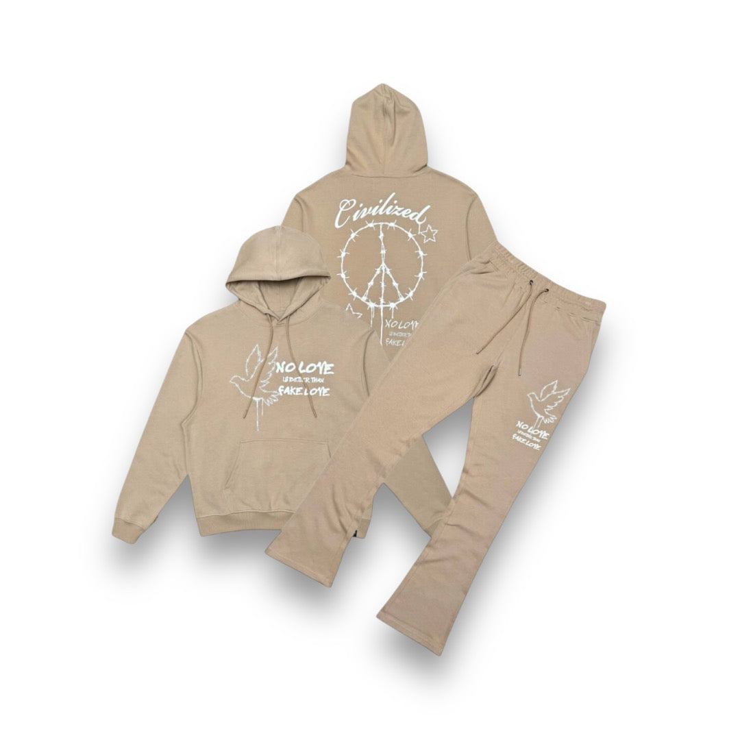 Civilized No Love Stacked Hoodie Set Tan