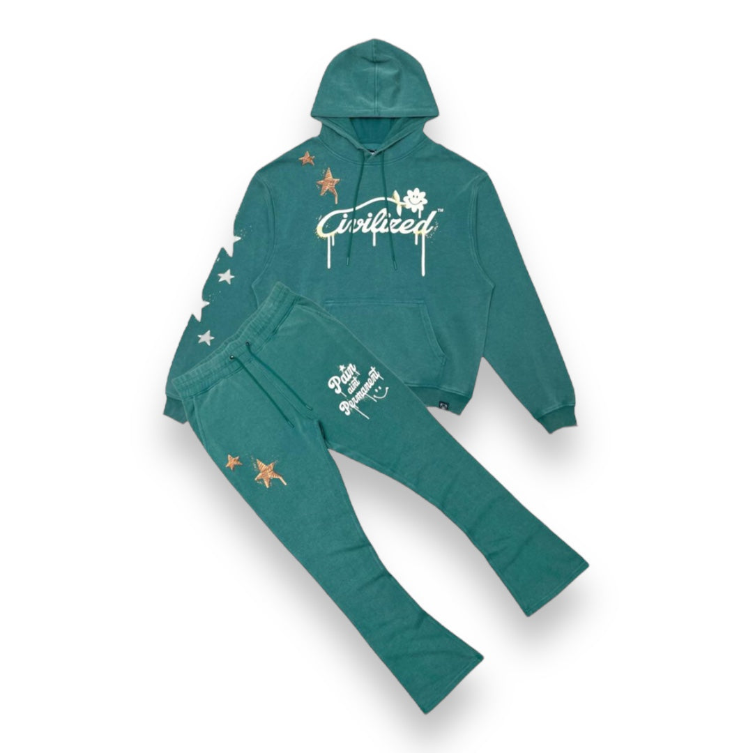 CIVILIZED PAIN AIN'T PERMANENT STACKED JOGGER SET GREEN
