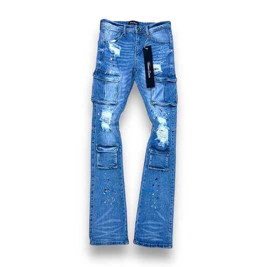 Vicious Stacked Light Wash Rip & Repair Cargo Jeans