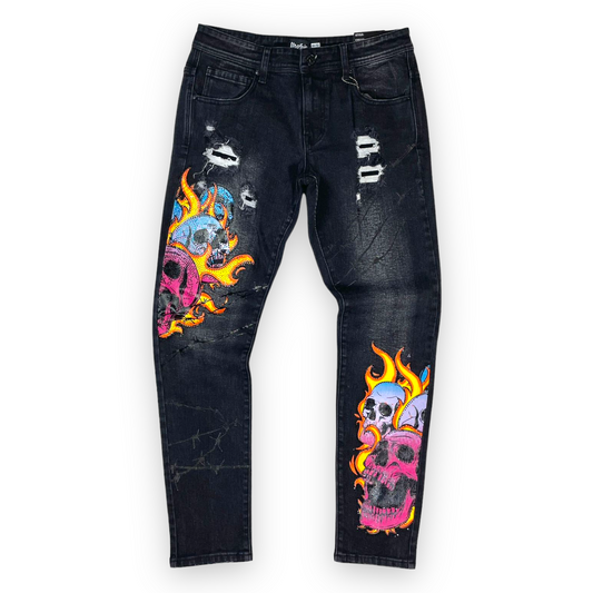 Motive Denim sculls pink/blue rhinestones black jeans