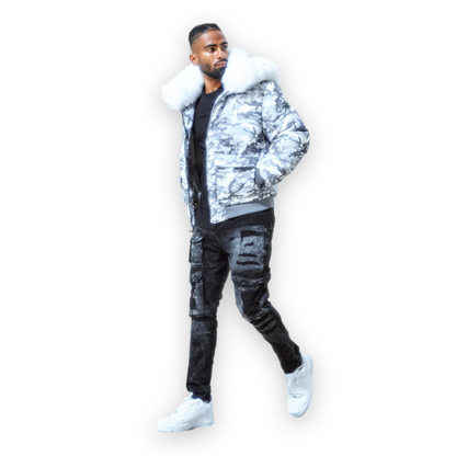 JORDAN CRAIG GREY CAMO WHITE FUR JACKET