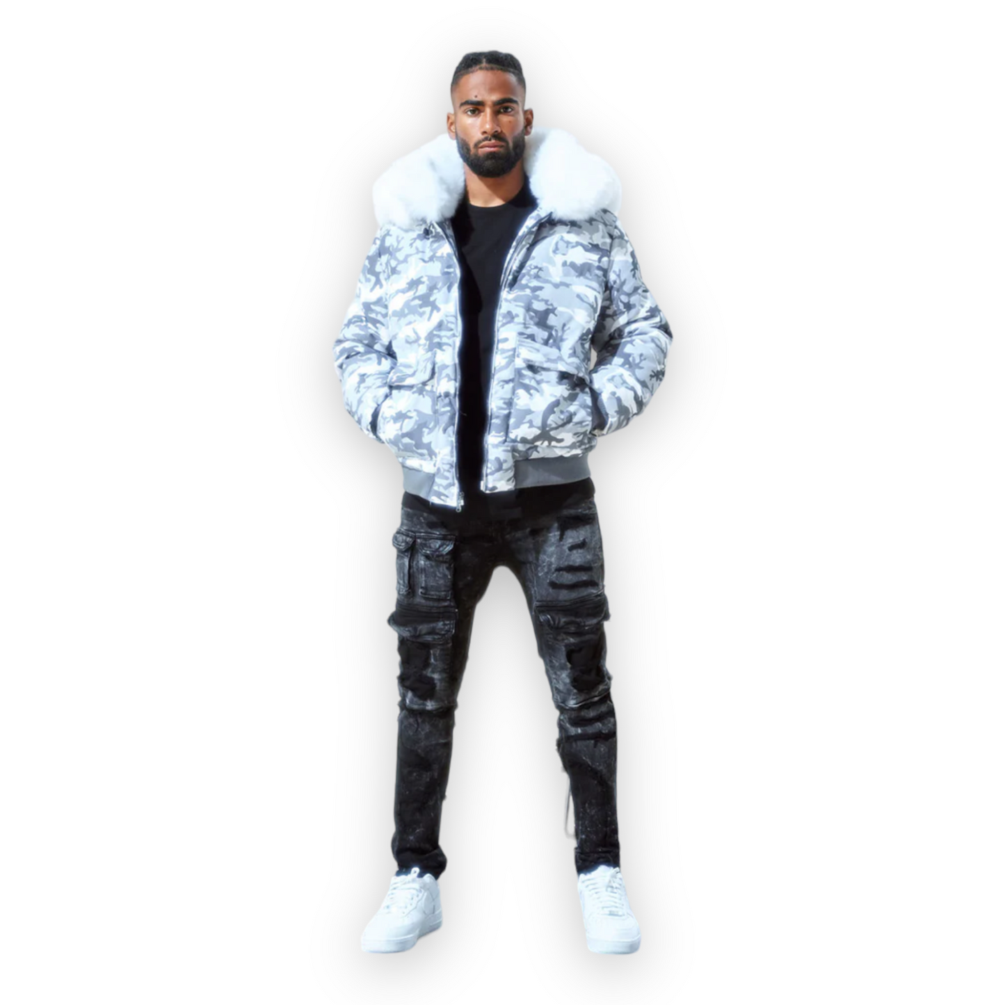 JORDAN CRAIG GREY CAMO WHITE FUR JACKET